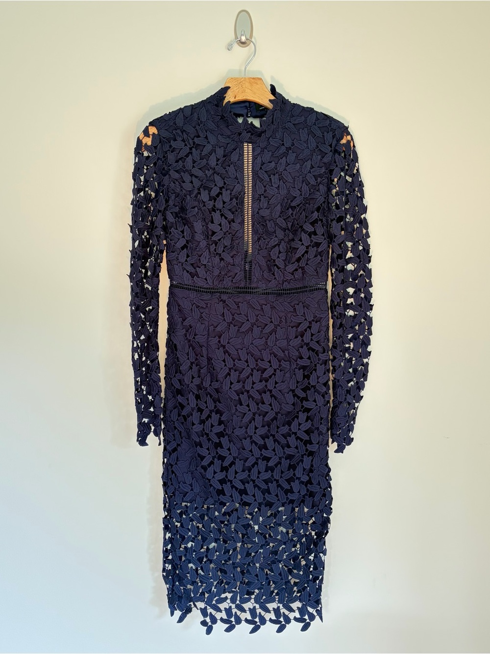 Bardot Navy Guipure Lace Long-Sleeve Open Back Midi Dress Size 4